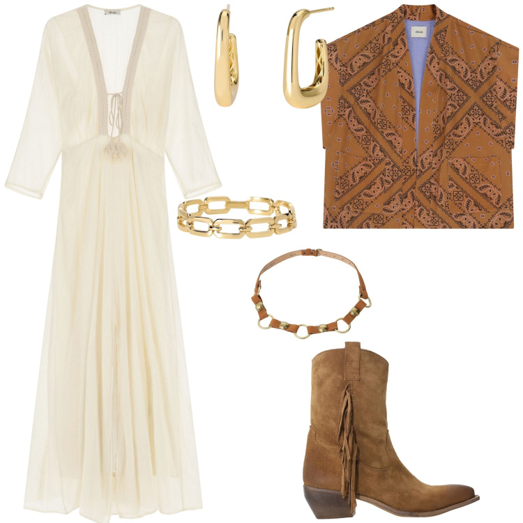 Outfit donna - Total look. Stile Boho per Tutti i giorni. Abbinamento con braccialetti, orecchini, cinture, stivali, gilet, vestiti lunghi.