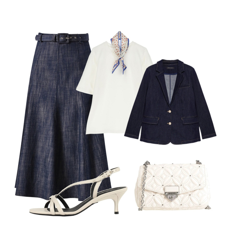 Outfit donna - Elegantemente Curvy!. Stile Chic per Serata fuori. Abbinamento con borse a tracolla, sandali in pelle, gonne longuette, t-shirt, blazer.
