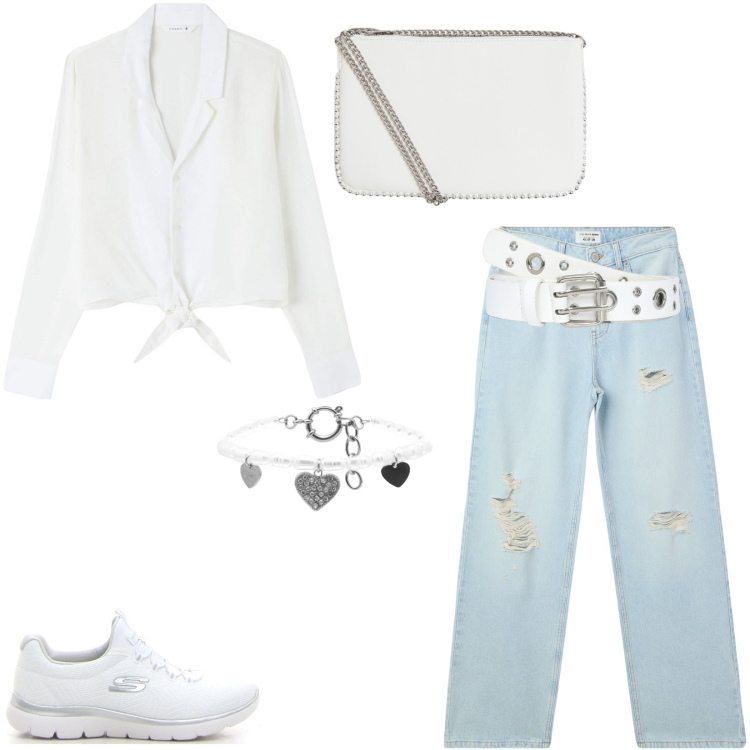 Outfit donna - Bianco assoluto. Stile Sporty chic per Tutti i giorni. Abbinamento con camicie, cinture, jeans strappati, borse a tracolla, braccialetti, sneakers.