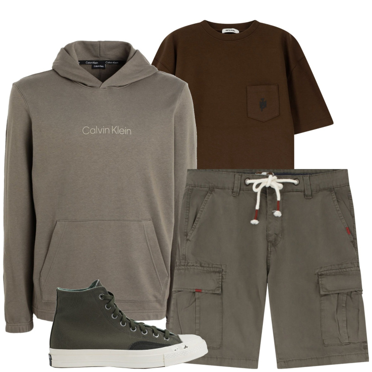 Outfit uomo - Weekend. Stile Casual per Tutti i giorni. Abbinamento con sneakers alte, felpe con cappuccio, t-shirt, bermuda.