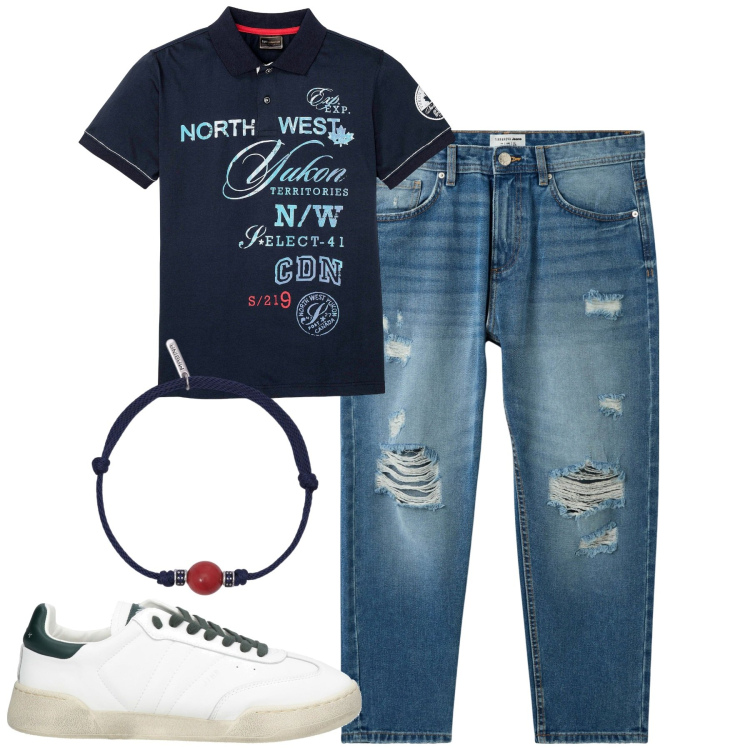 Outfit uomo - Total look #2173381. Stile Casual per Tutti i giorni. Abbinamento con polo, sneakers, jeans strappati, braccialetti.
