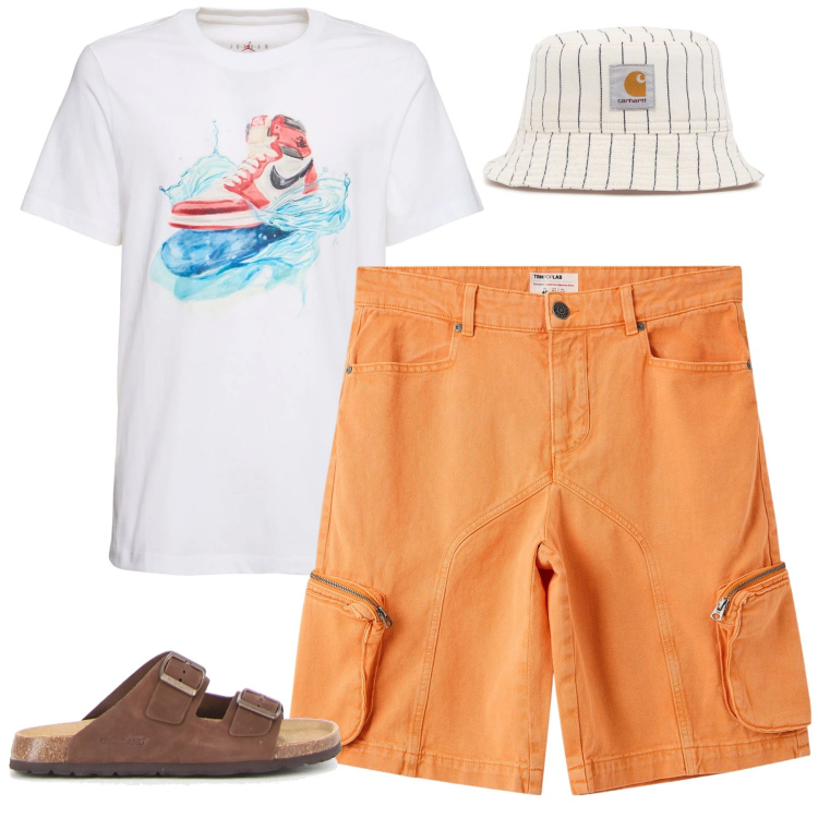 Outfit uomo - Total look #2173383. Stile Casual per Tutti i giorni. Abbinamento con pantaloni corti, cappelli, t-shirt, sandali.