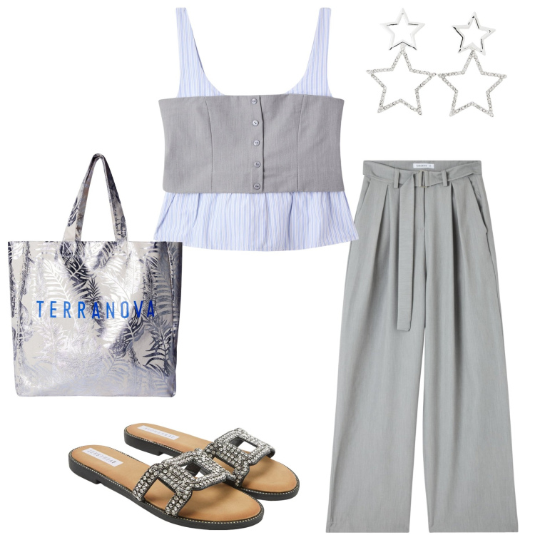 Outfit donna - Terranova Summer. Stile Casual chic per Serata fuori. Abbinamento con top, pantaloni, borse tote, orecchini, ciabatte.