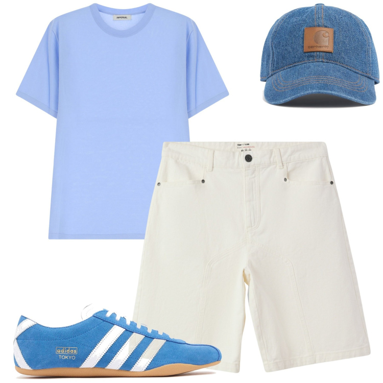 Outfit uomo - Fa caldo. Stile Casual per Tutti i giorni. Abbinamento con bermuda, t-shirt, cappelli, sneakers.