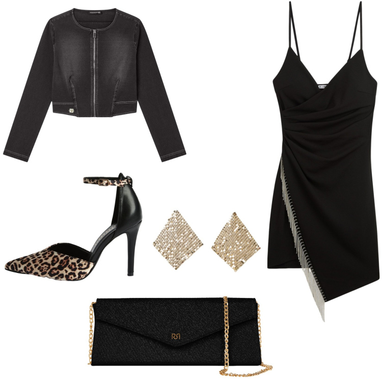 Outfit donna - Nero di maggio. Stile Rock per Serata fuori. Abbinamento con décolleté, orecchini, vestiti corti, pochette, blazer.