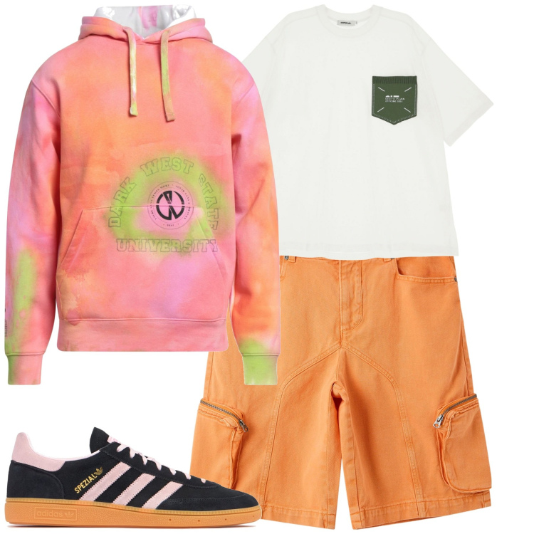 Outfit uomo - Summertime. Stile Casual per Tutti i giorni. Abbinamento con felpe con cappuccio, pantaloni corti, t-shirt, sneakers.