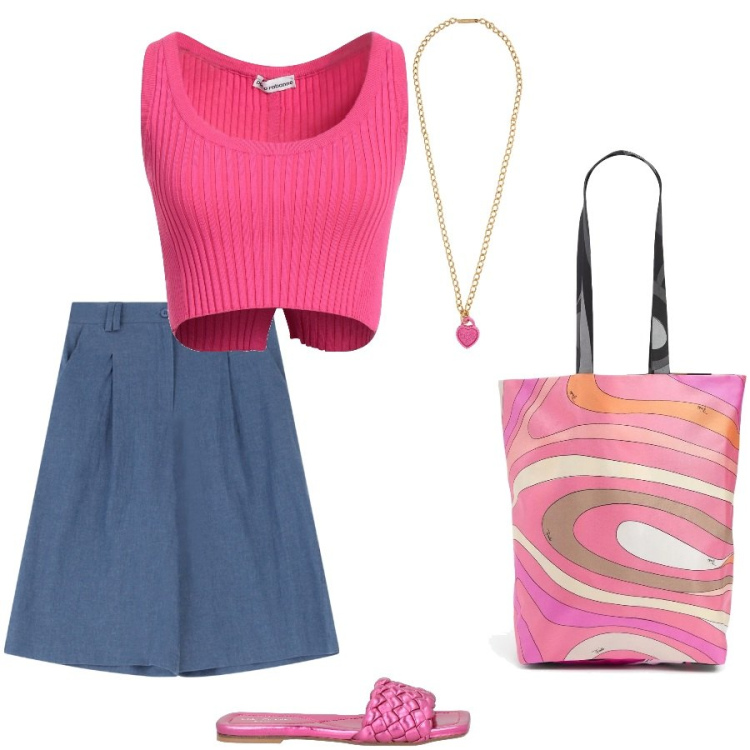 Outfit donna - Color fragola. Stile Casual per Tutti i giorni. Abbinamento con sandali, top, collane, bermuda, shopping bag.