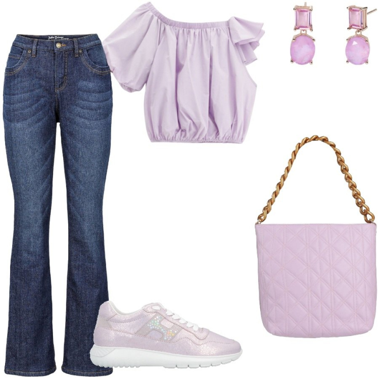 Outfit donna - Malva. Stile Casual chic per Tutti i giorni. Abbinamento con jeans bootcut, sneakers, borse a mano, orecchini, top.