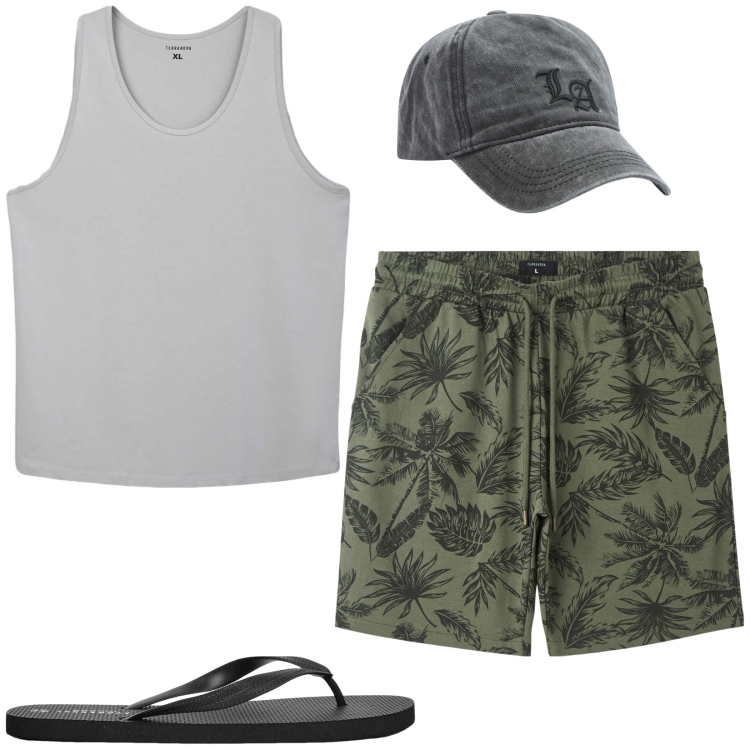 Outfit uomo - Total look #2173407. Stile Casual per Mare. Abbinamento con bermuda, canottiere, sandali, cappelli.
