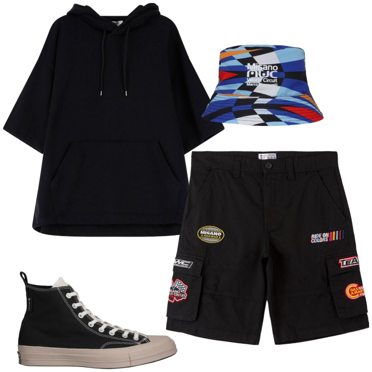 Outfit uomo - Total look #2173409. Stile Urban per Tutti i giorni. Abbinamento con sneakers alte, bermuda, cappelli, felpe con cappuccio.