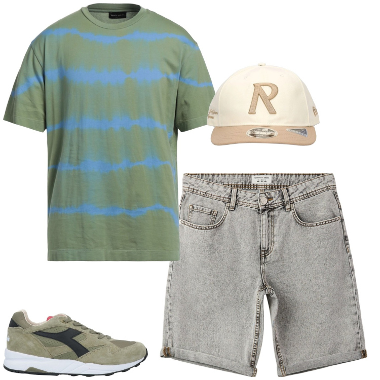 Outfit uomo - Total look #2173411. Stile Urban per Tutti i giorni. Abbinamento con sneakers, t-shirt, bermuda, cappelli.