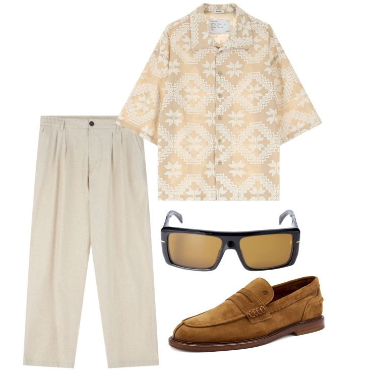 Outfit uomo - Capri. Stile Casual per Tutti i giorni. Abbinamento con pantaloni, camicie a manica corta, occhiali da sole, scarpe stringate.