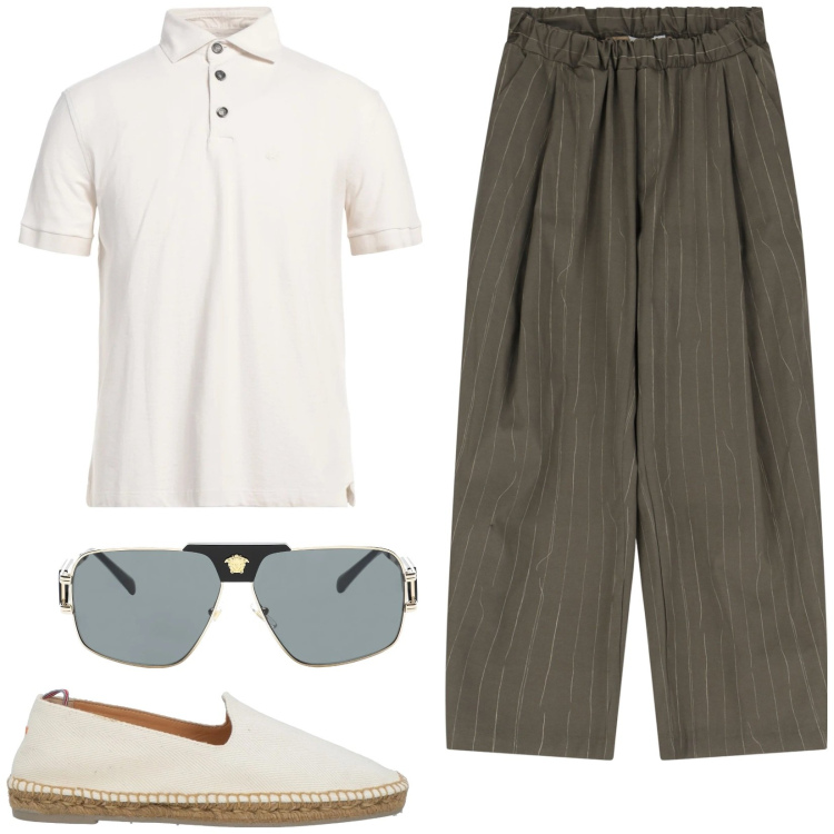 Outfit uomo - Total look #2173422. Stile Trendy per Tutti i giorni. Abbinamento con polo, occhiali da sole, espadrillas, pantaloni.