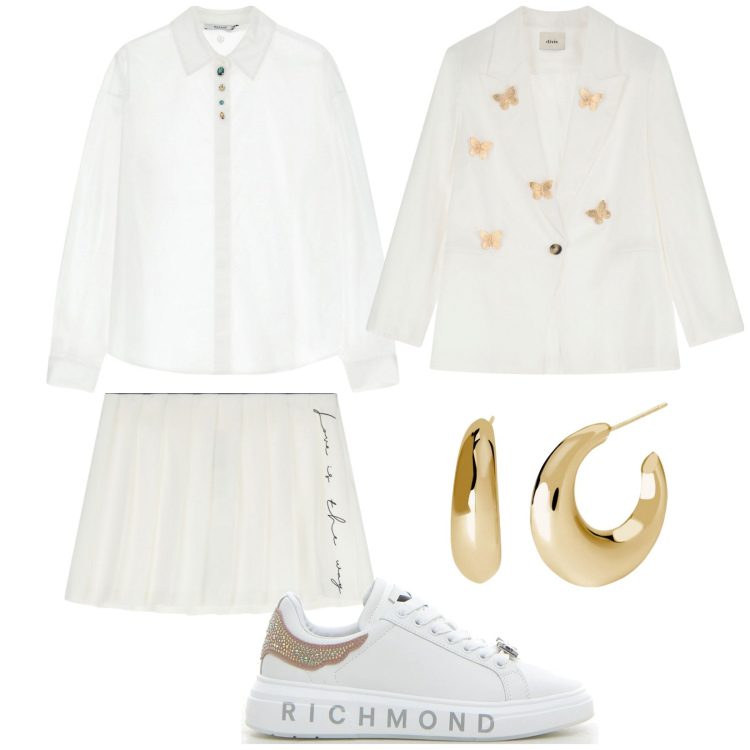Outfit donna - Bianco. Stile Trendy per Tutti i giorni. Abbinamento con orecchini, camicie, minigonne, blazer, sneakers.