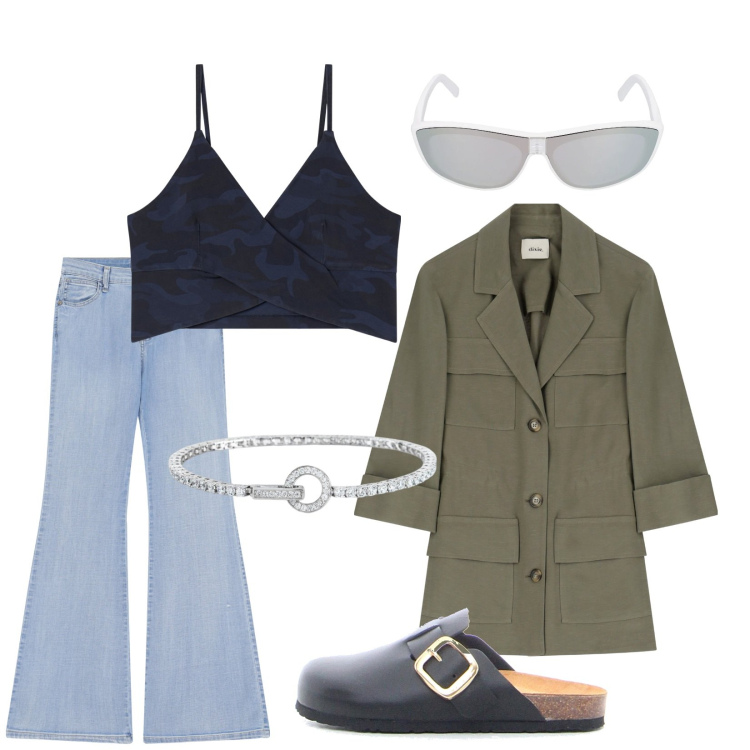 Outfit donna - Mix. Stile Casual per Tutti i giorni. Abbinamento con braccialetti, jeans a zampa, blazer, top, ciabatte, occhiali da sole.