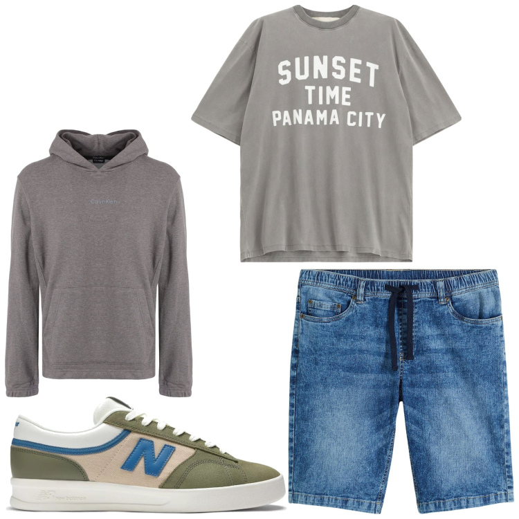 Outfit uomo - Sunset time. Stile Casual per Tutti i giorni. Abbinamento con bermuda, felpe con cappuccio, sneakers, t-shirt.