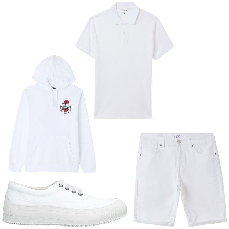 Outfit uomo - White. Stile Casual per Tutti i giorni. Abbinamento con sneakers, felpe con cappuccio, polo, bermuda.