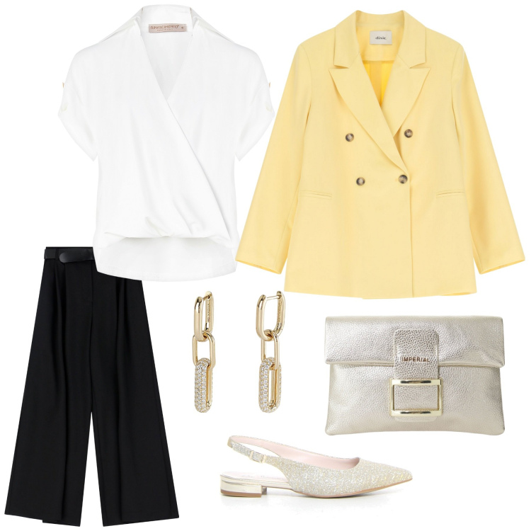 Outfit donna - Elegante ma non troppo. Stile Casual chic per Cerimonia. Abbinamento con orecchini, bluse, pantaloni a palazzo, pochette, blazer, décolleté.