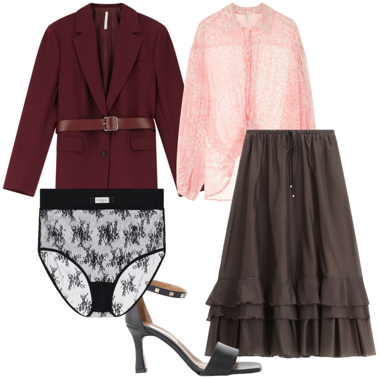 Outfit donna - Ufficio romantico e cittadino. Stile Urban per Ufficio. Abbinamento con gonne lunghe, camicie, blazer, sandali col tacco, slip.