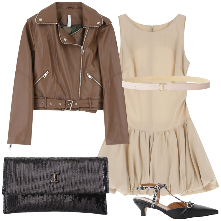 Outfit donna - Cena con colleghi. Stile Glamour per Ufficio. Abbinamento con décolleté, giacche, borse a tracolla, vestiti corti, cinture.