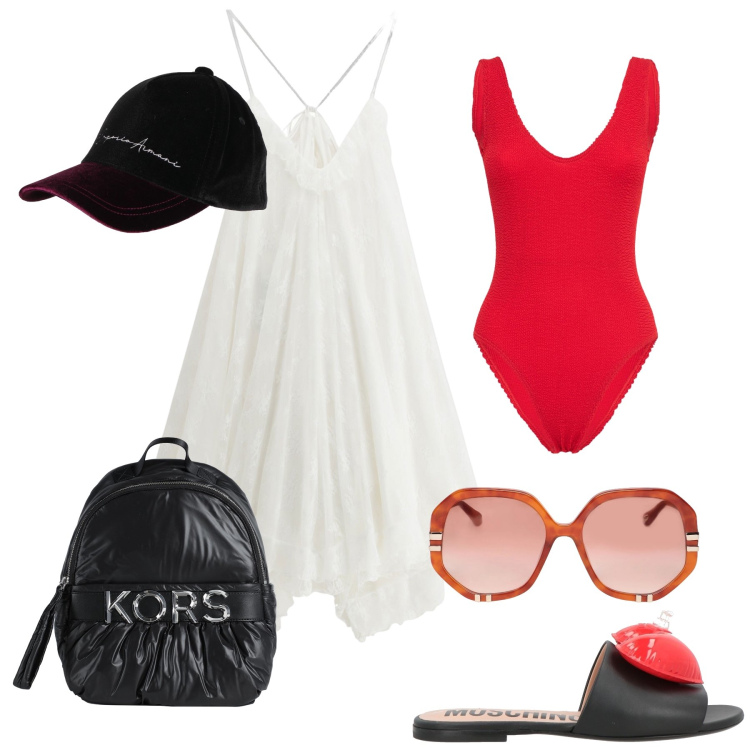 Outfit donna - L intero rosso. Stile Glamour per Mare. Abbinamento con zaini, occhiali da sole, sandali in pelle, cappelli con visiera, vestiti corti, costumi interi.