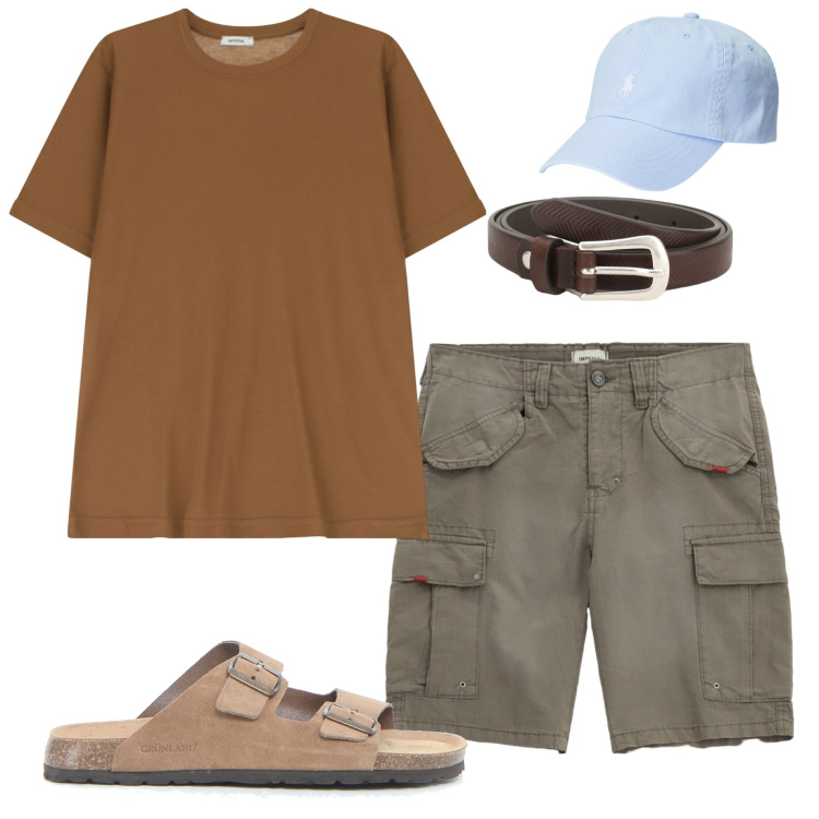 Outfit uomo - Summer Imperial. Stile Casual per Tutti i giorni. Abbinamento con cinture, t-shirt, bermuda, cappelli, sandali.