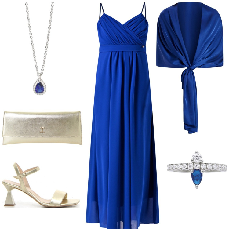 Outfit donna - Cerimonia al chiaro di luna. Stile Chic per Cerimonia. Abbinamento con pochette, anelli, collane, vestiti lunghi, stole, sandali col tacco.