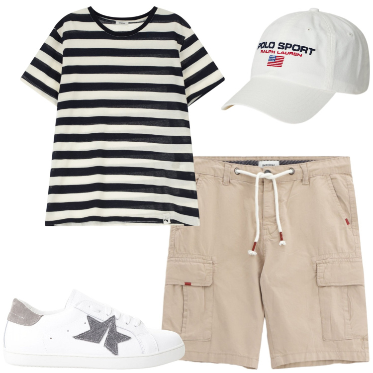 Outfit uomo - Imperial. Stile Casual per Mare. Abbinamento con sneakers, t-shirt, bermuda, berretti.