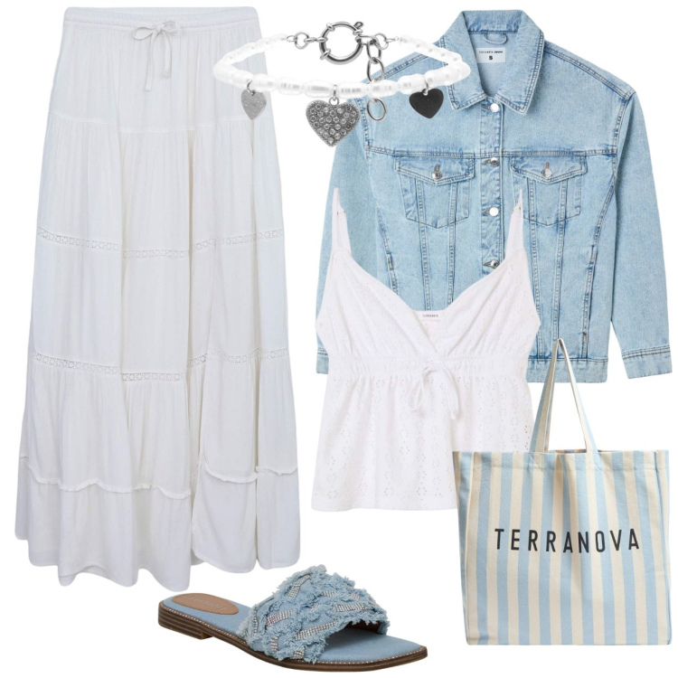 Outfit donna - Top e hanno bianchi. Stile Casual per Tutti i giorni. Abbinamento con gonne lunghe, borse tote, ciabatte, cappotti, canottiere, braccialetti.