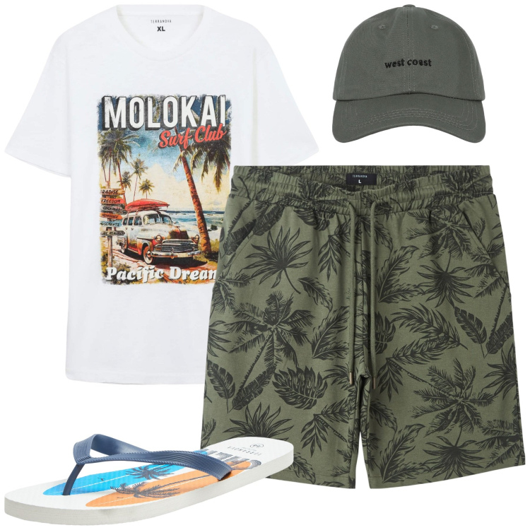 Outfit uomo - Terranova. Stile Casual per Mare. Abbinamento con t-shirt, bermuda, sandali, cappelli con visiera.