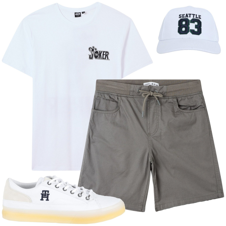 Outfit uomo - Terranova. Stile Casual per Mare. Abbinamento con sneakers, cappelli, t-shirt, shorts.