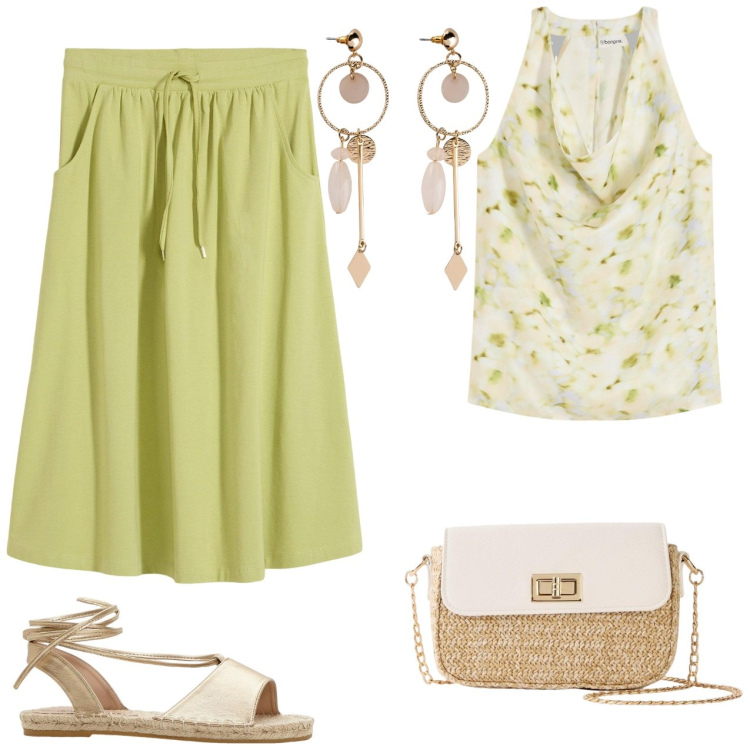 Outfit donna - Top fiori gonna midi verdino. Stile Casual per Tutti i giorni. Abbinamento con top, orecchini, gonne, shopping bag, sandali.