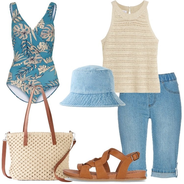 Outfit donna - Summer Outfits leggerezza e libertà. Stile Basic per Mare. Abbinamento con cappelli, costumi interi, top, bermuda, borse a mano, sandali.