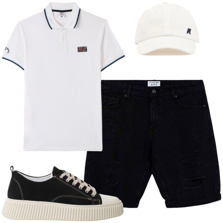 Outfit uomo - Weekend. Stile Casual per Tutti i giorni. Abbinamento con polo, bermuda, sneakers, cappelli.