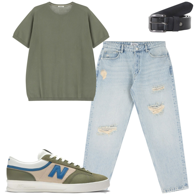 Outfit uomo - Total look #2173539. Stile Casual per Tutti i giorni. Abbinamento con sneakers, cinture, t-shirt, jeans strappati.