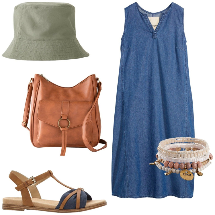 Outfit donna - In vacanza. Stile Casual per Tutti i giorni. Abbinamento con vestiti, borse a tracolla, braccialetti, sandali, cappelli.