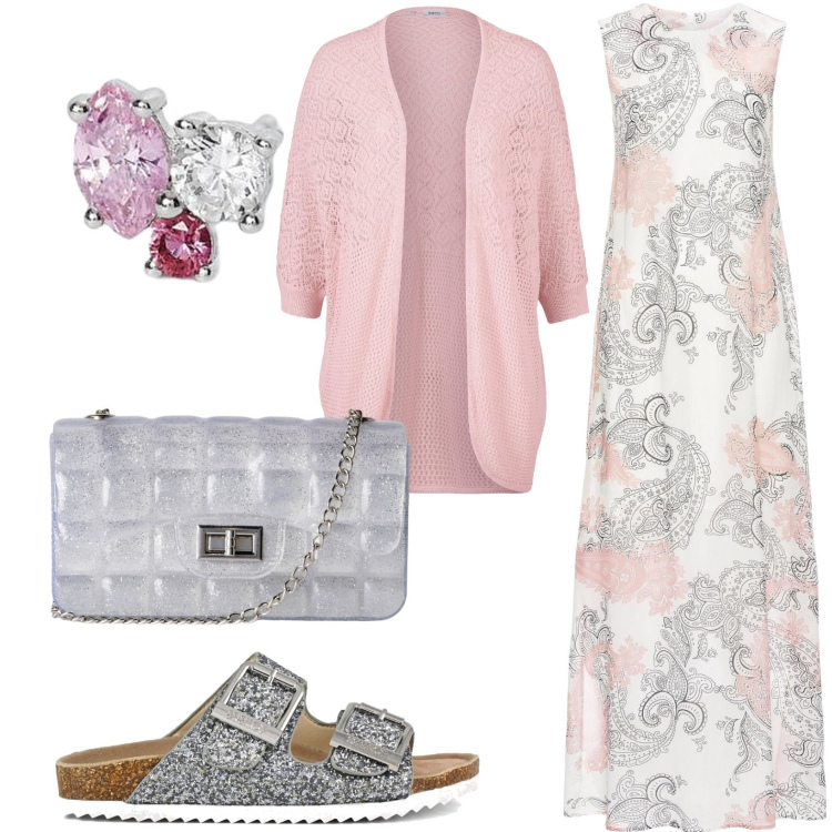 Outfit donna - Summer Outfits. Stile Romantica per Serata fuori. Abbinamento con vestiti lunghi, cardigans, borse a tracolla, orecchini, sandali.