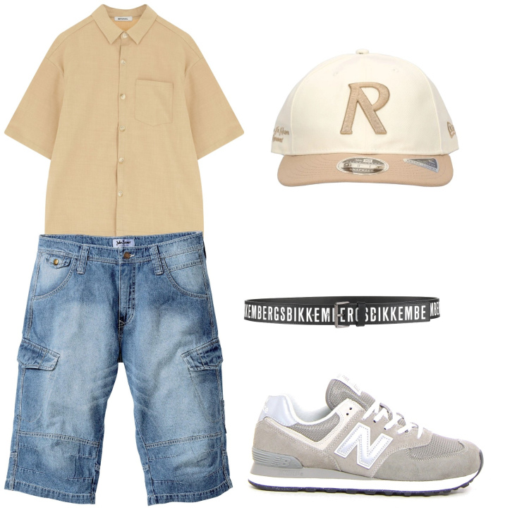 Outfit uomo - Passeggiando in un giorno di sole. Stile Trendy Abbinamento con bermuda, cinture, camicie a manica corta, cappelli, sneakers.