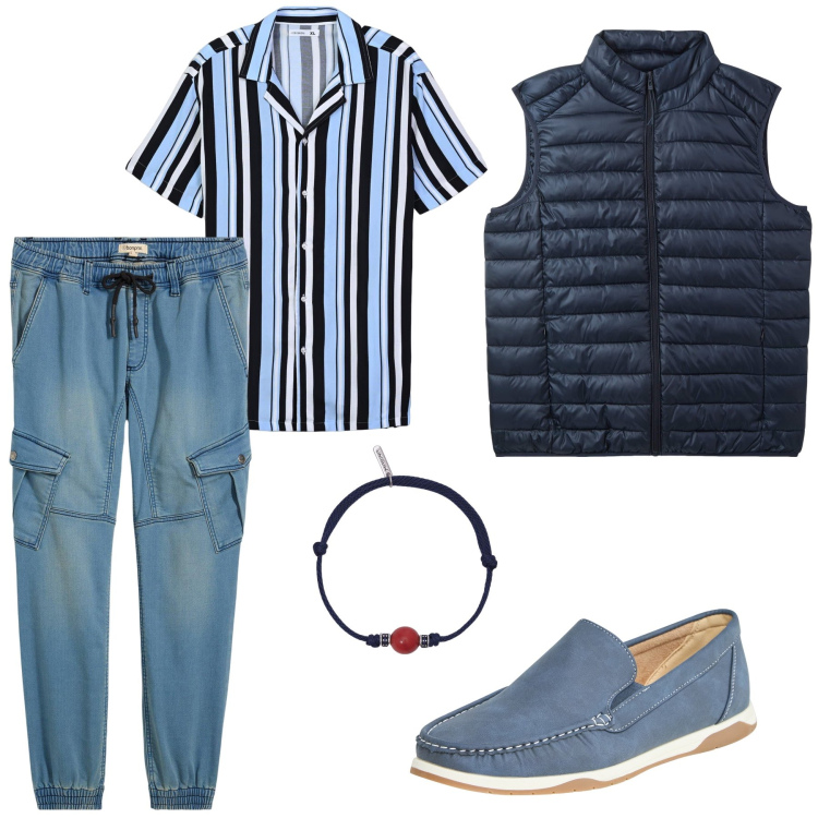 Outfit uomo - Passeggiata serale. Stile Casual per Tutti i giorni. Abbinamento con jeans dritti, scarpe stringate, piumini, camicie a manica corta, braccialetti.