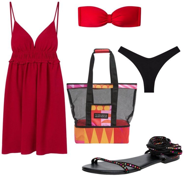 Outfit donna - Aperitivo in spiaggia. Stile Glamour per Mare. Abbinamento con sandali alla schiava, borse tote, vestiti corti, bikini, bikini.