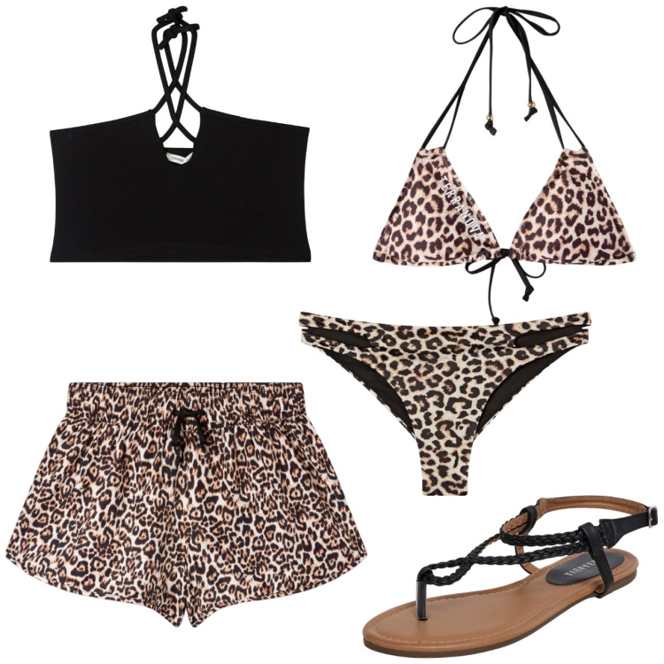 Outfit donna - Il mare. Stile Sexy per Mare. Abbinamento con shorts, ciabatte, top, bikini, bikini.