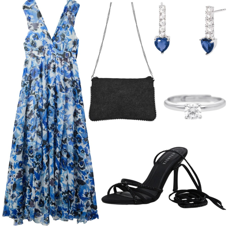 Outfit donna - Appuntamento romantico. Stile Romantica per Serata fuori. Abbinamento con vestiti lunghi, sandali alla schiava, borse a tracolla, anelli, orecchini.