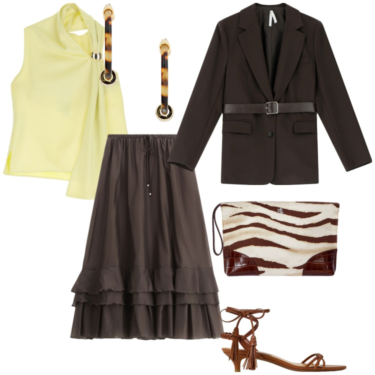 Outfit donna - I colori della stagione. per Ufficio. Abbinamento con gonne lunghe, top, blazer, sandali col tacco, pochette, orecchini.