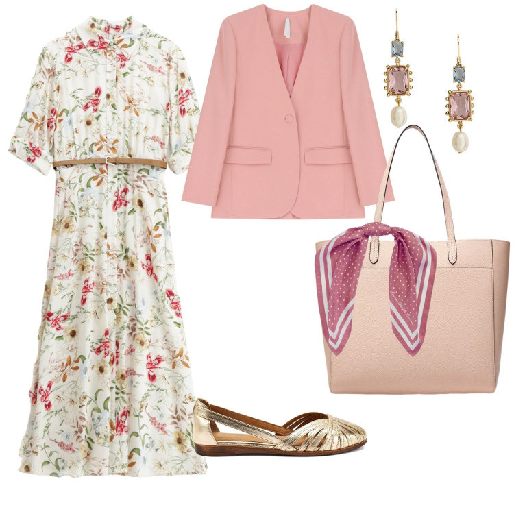 Outfit donna - Primavera in ufficio. per Ufficio. Abbinamento con vestiti midi/longuette, blazer, borse tote, orecchini, foulard, ballerine.