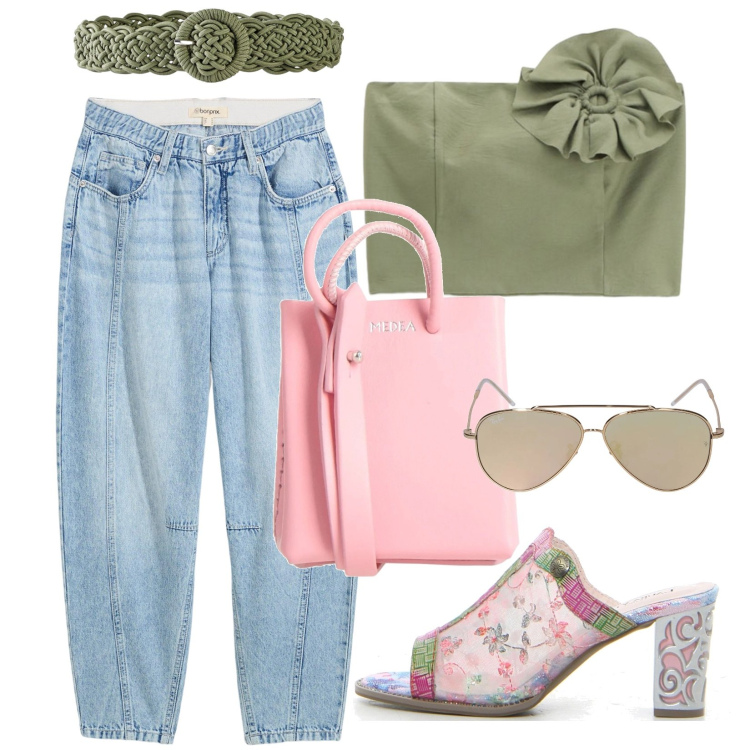 Outfit donna - Giorno fashion. Stile Casual chic per Tutti i giorni. Abbinamento con borse a spalla, jeans, cinture, top, occhiali da sole, sabot.