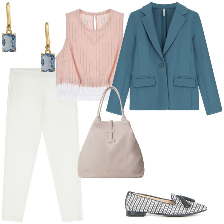 Outfit donna - La blusa rosa. per Ufficio. Abbinamento con top, blazer, pantaloni, borse tote, orecchini, mocassini.