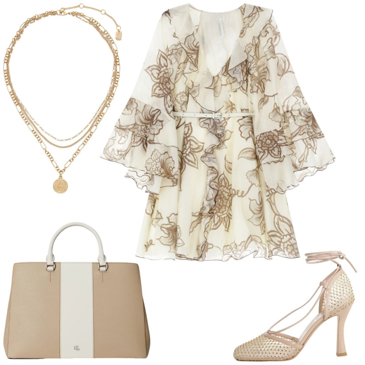 Outfit donna - Toni neutri. Stile Casual chic per Ufficio. Abbinamento con vestiti corti, décolleté, ciondoli, borse a mano.