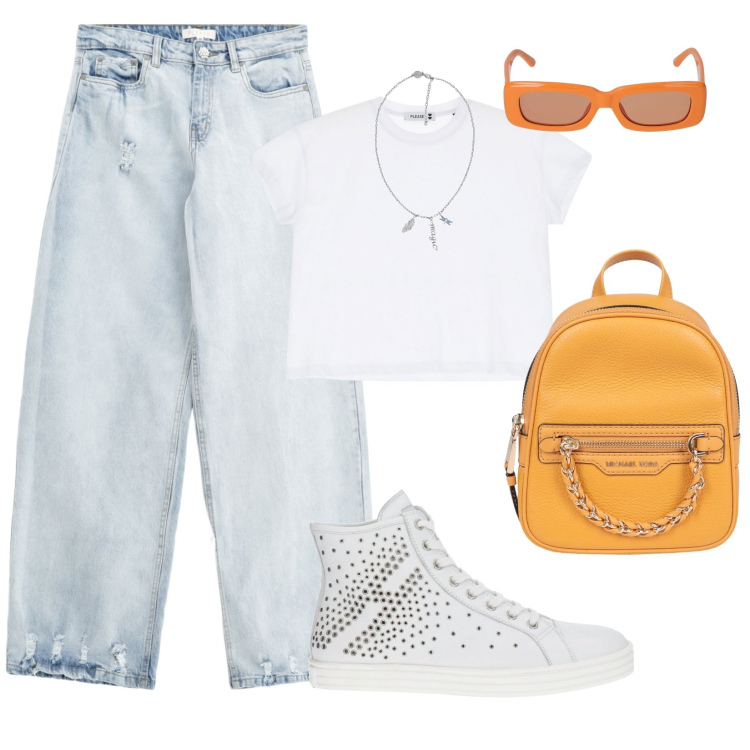 Outfit donna - Jeans délavé a gamba larga. Stile Casual per Tutti i giorni. Abbinamento con sneakers alte, zaini, collane, jeans, t-shirt, occhiali da sole.
