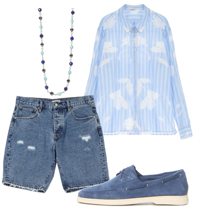 Outfit uomo - Blue Summer. Stile Casual per Tutti i giorni. Abbinamento con collane, bermuda, camicie, scarpe stringate.
