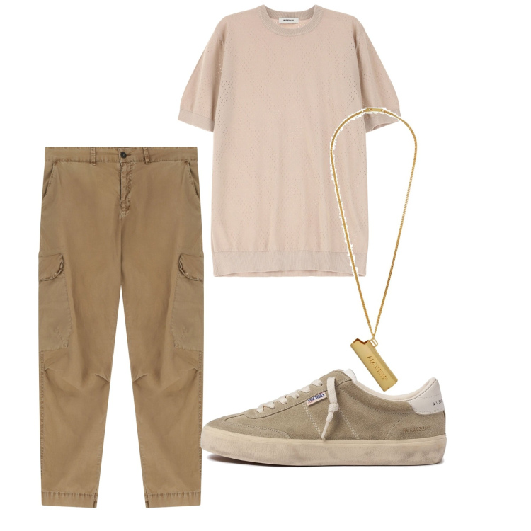 Outfit uomo - Nocciola. Stile Casual per Tutti i giorni. Abbinamento con collane, pantaloni cargo, maglieria, sneakers.